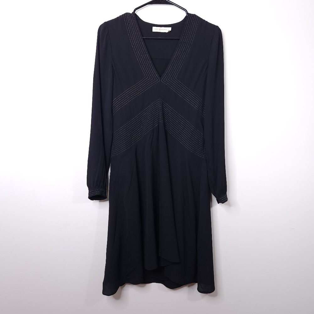 Tory Burch 100% Silk Varenne Silk Embroidered Long Sleeve V-Neck Dress 0